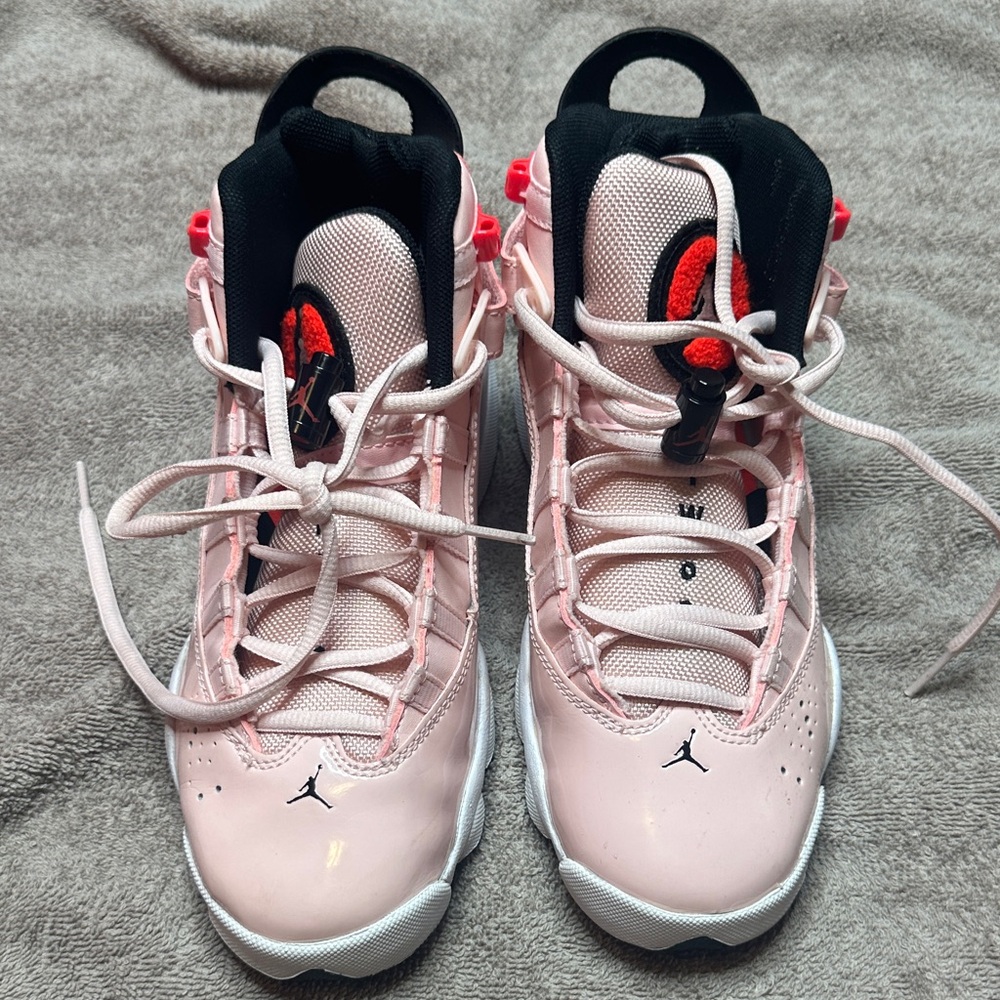 Jordan Kids Pink and Black Jumpman High-Top Sneakers with Red Accent
